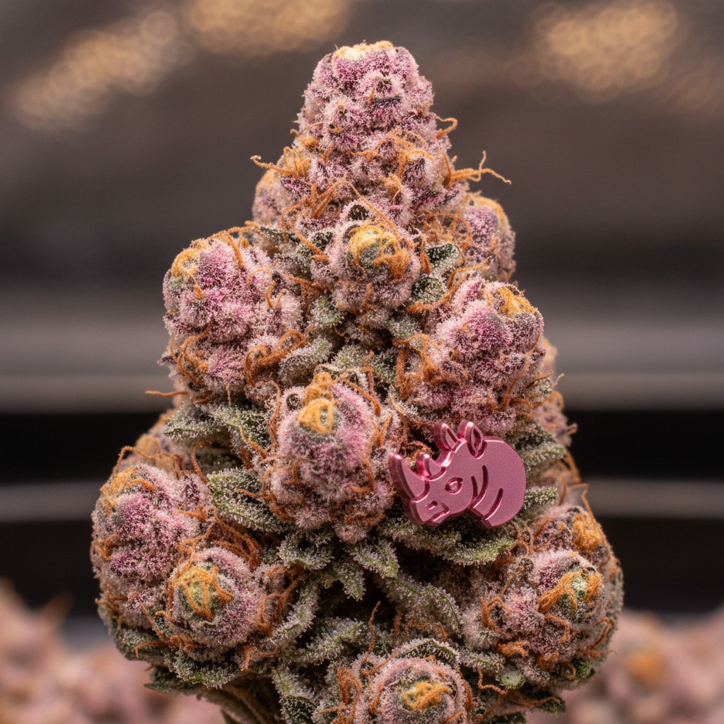 A close-up of a purple and green cannabis bud with a metallic pink rhinoceros pin attached to the lower right side.