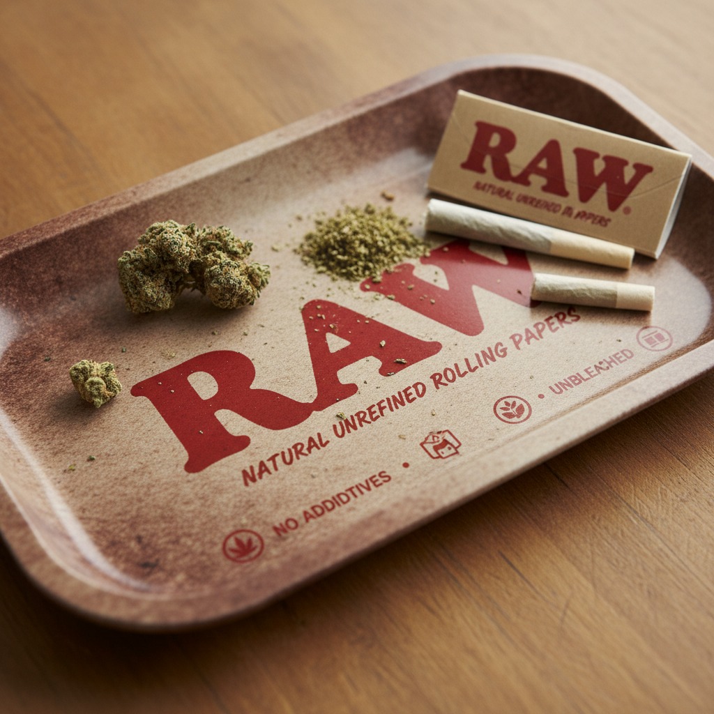 A rolling tray holds cannabis buds, loose herb, a pack of rolling papers, and two rolled cigarettes.