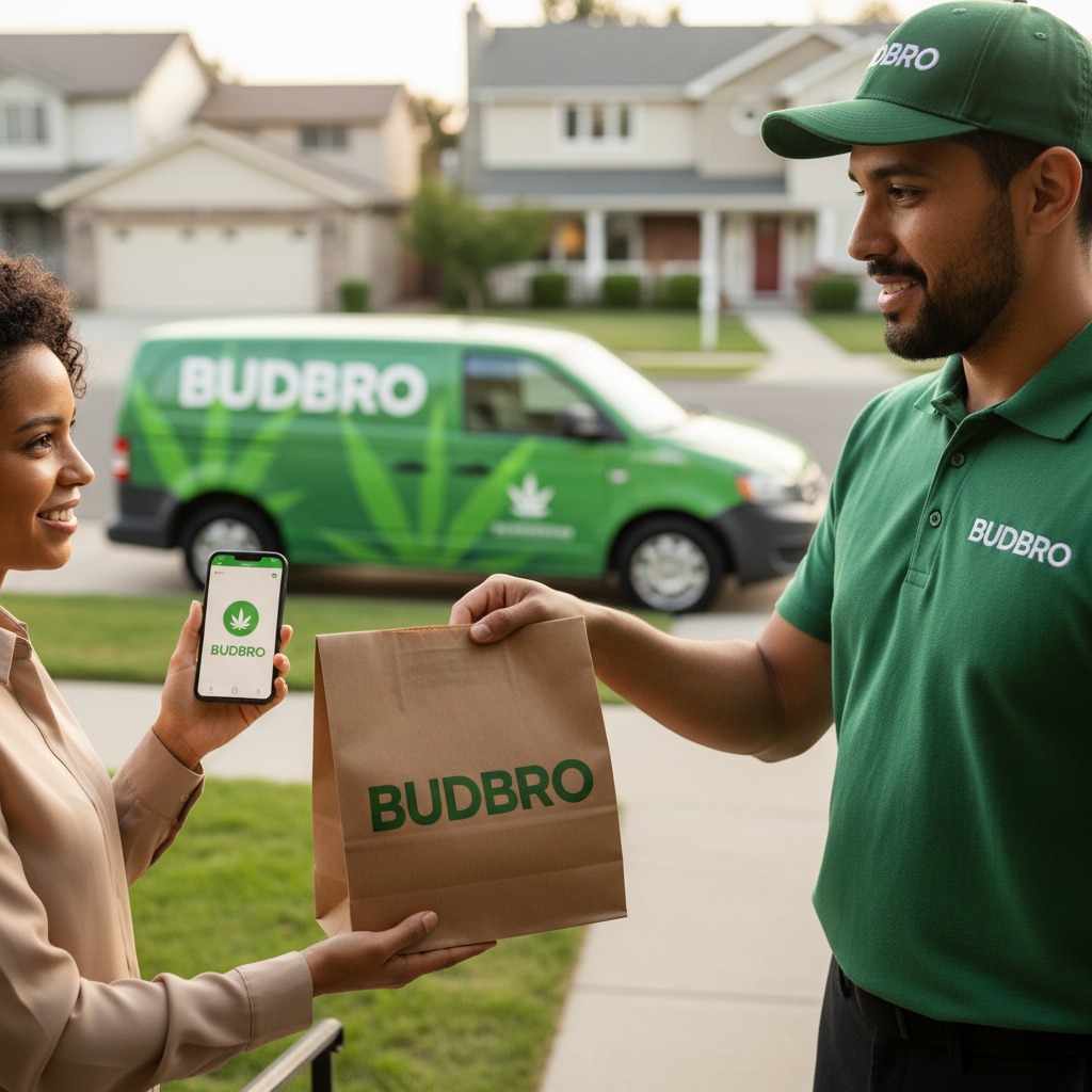 A delivery driver hands a brown paper bag branded with the word "BUDBRO" to a woman holding a smartphone with a matching logo on the screen, in front of a green delivery van.